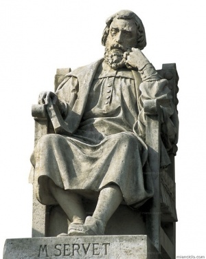 Estatua de Miguel Servet en la antigua Facultad de Medicina y Ciencias, Zaragoza.