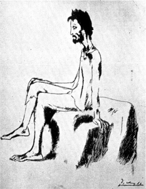 “Serveto en la prisión de Ginebra” por Pablo Ruiz Picasso (1904). El dibujo nos muestra a un Servet sedente, pensativo y demacrado que afronta con resignación su destino. Se conserva en la Biblioteca Nacional de Madrid.